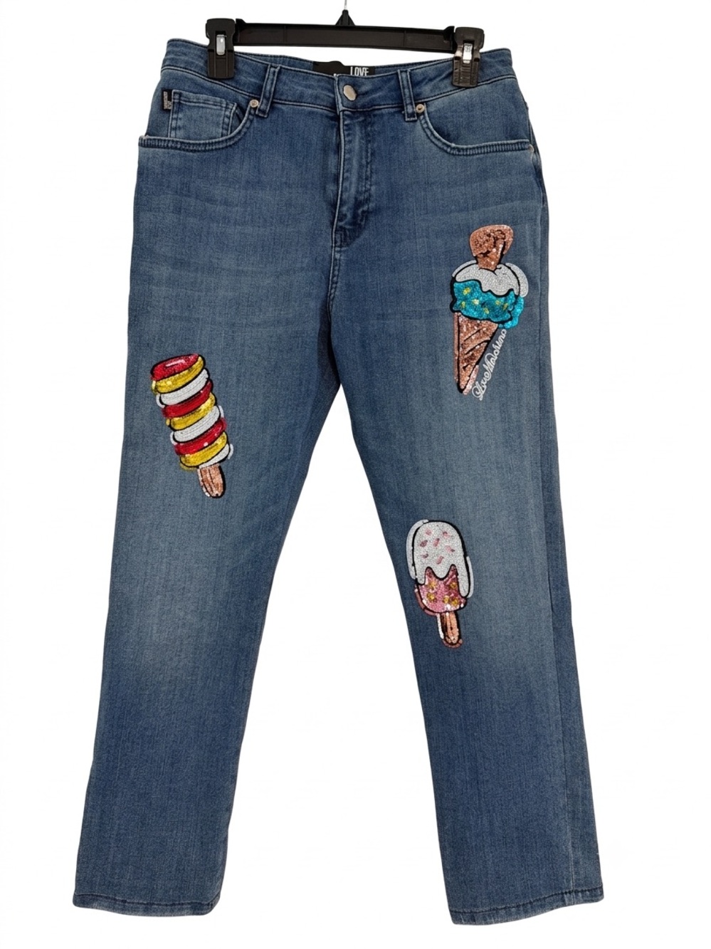 Love Moschino Straight-Leg Jeans with Colorful Ice Cream Sequin Patches